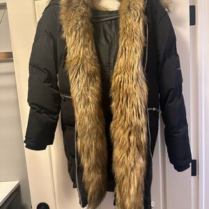 Maniere De Voir Black Ski Jacket with Faux Fur Trim
